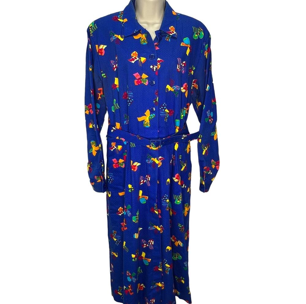 Vintage Tanner Womens Midi Shirt Dress Belt Size 12 Bows Print Long Sleeve Blue